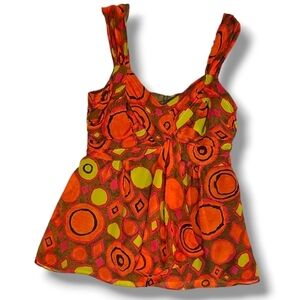 Nanette Lepore Geometric Ruffled Sleeveless Red & Green Silk Top - Size 12